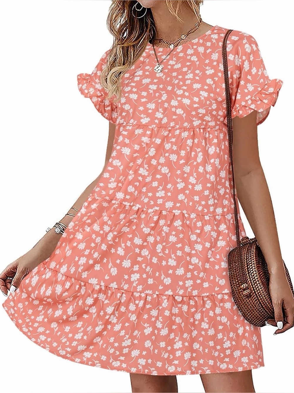 NWOT Coral Pink Floral Ruffle-Tier Mini Dress, Large